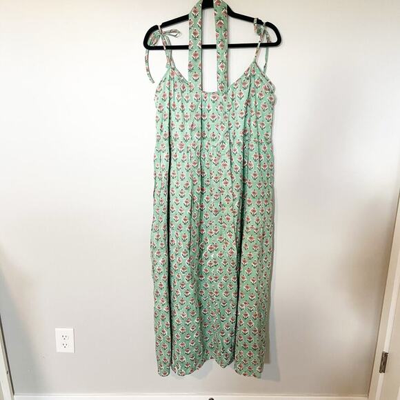 Marea green printed cotton midi dress tie shoulders women’s X-Large - Picture 2 of 9